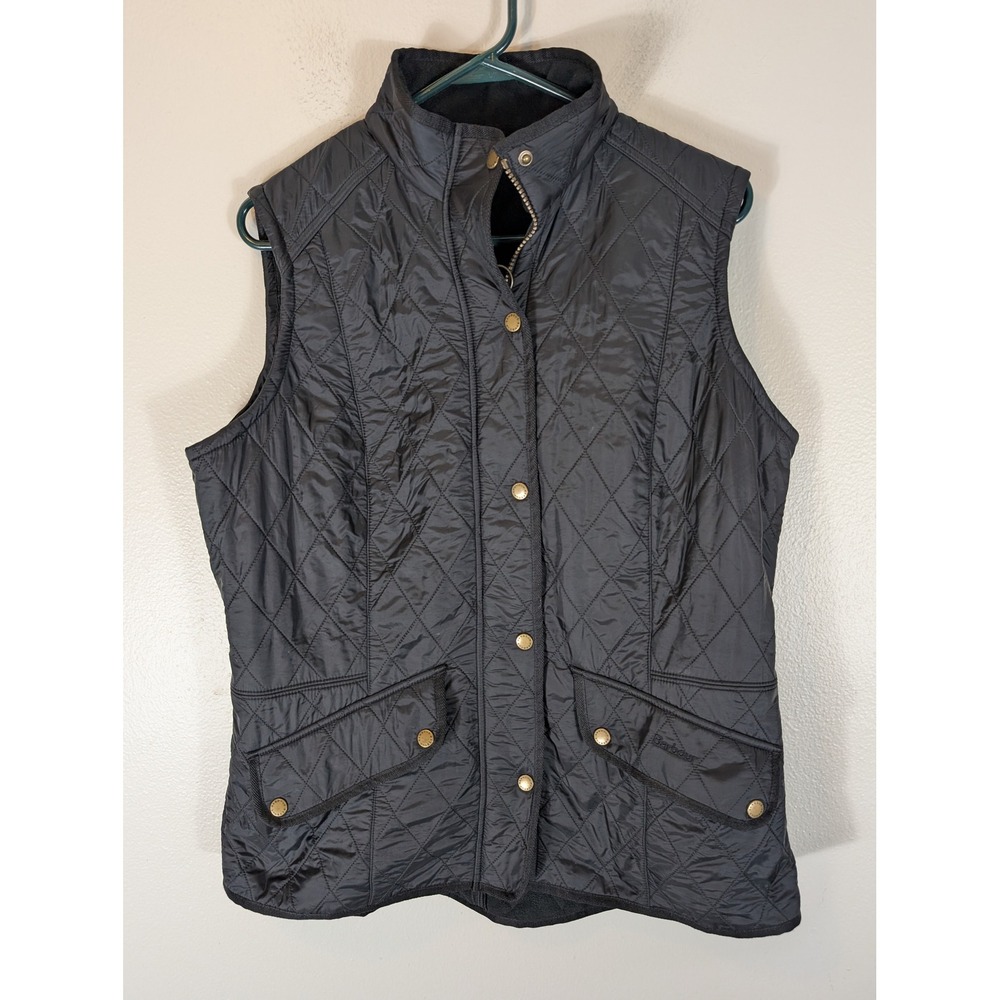 Barbour Women Size 14 Black Cavalry Gilet Quilted Fleece Lined Snap Button Vest